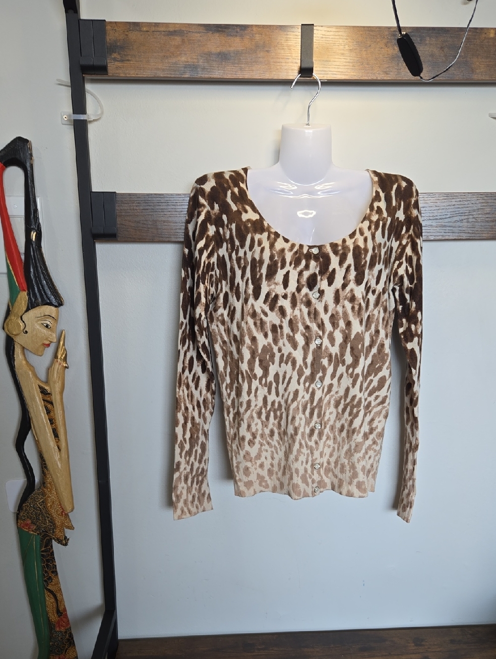 Animal Print Button-Front Women's Cardigan - Brown/Cream